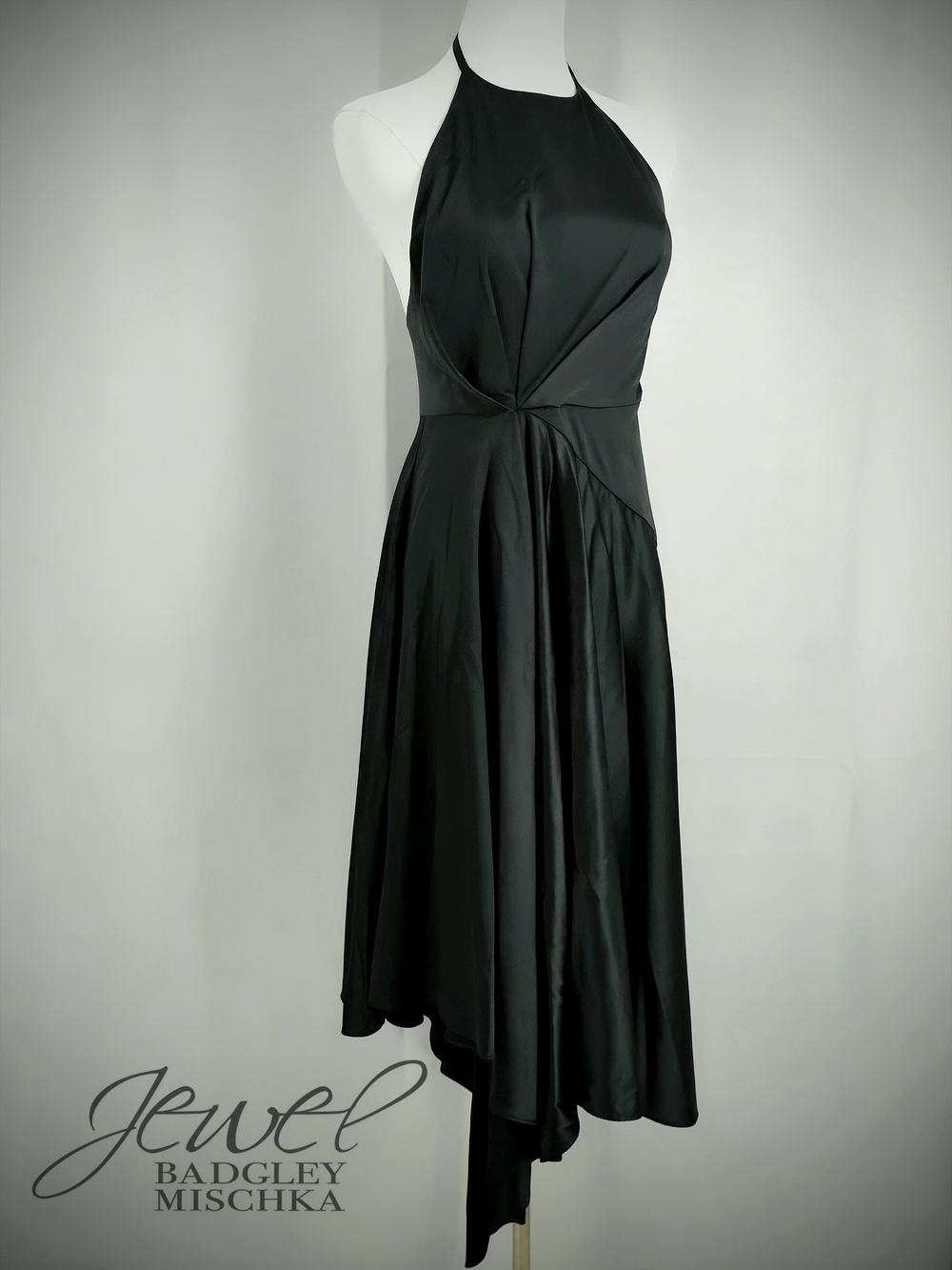 NWOT - Black Satin Halter Backless Asymmetric High-Low Midi Dress (4)